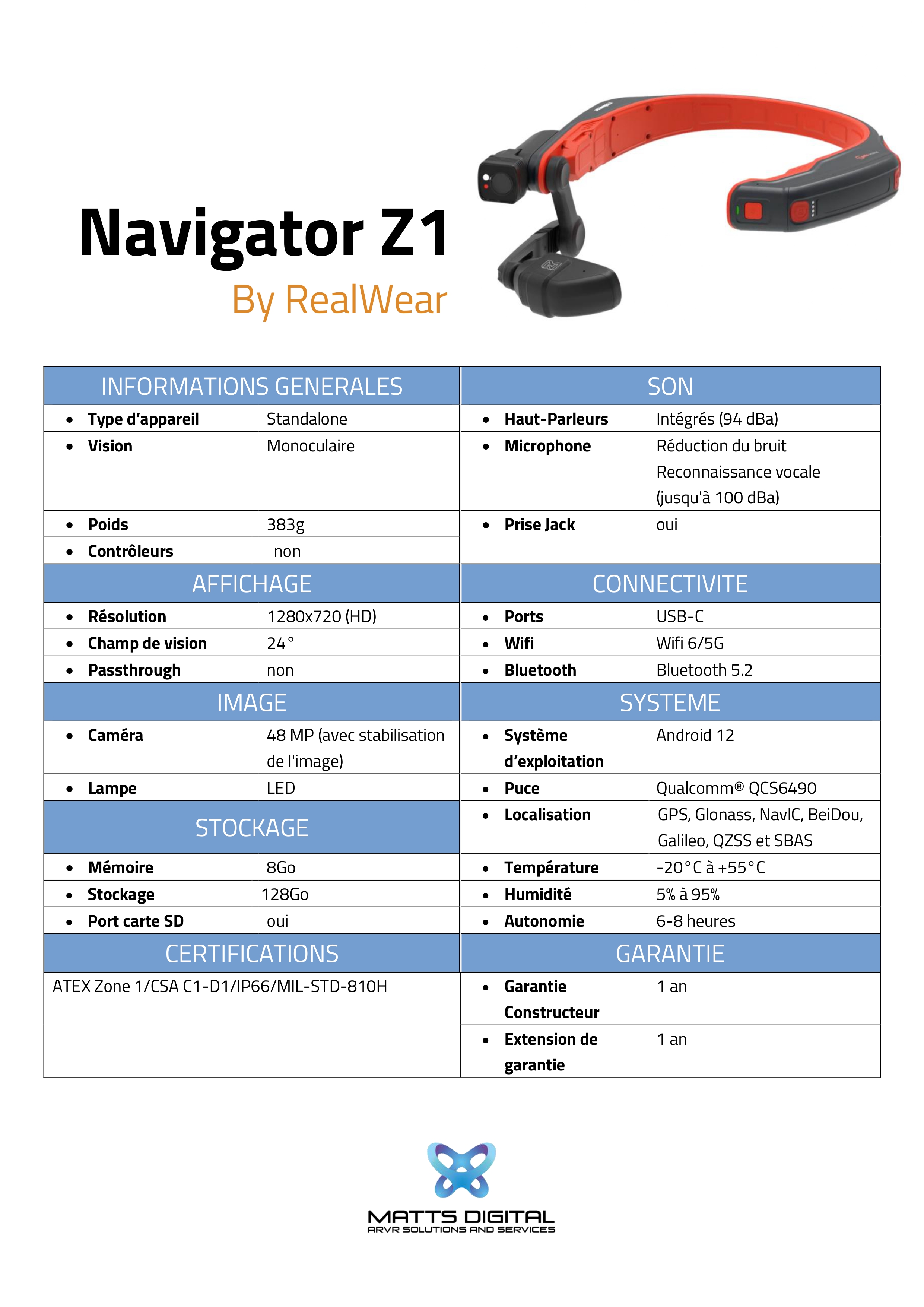 Fiche technique Realwear Navigator Z1